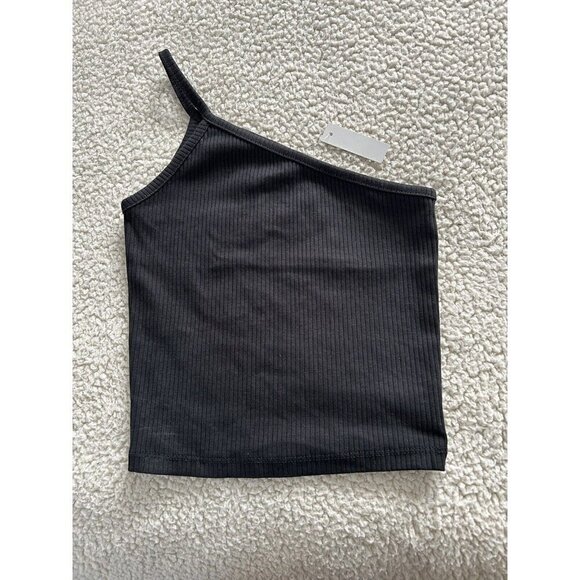 Madewell One Shoulder Crop Tank Top in Sleekhold Rib Knit Black Size XS - Picture 3 of 7